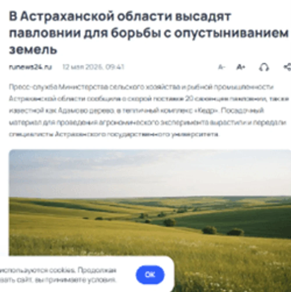 12.05.2026
В Астраханской области высадят павловнии для борьбы с опустыниванием земель